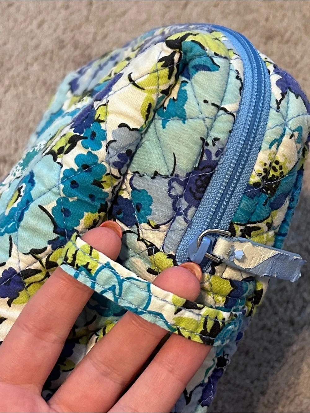 Quilted Vera Bradley Floral Cosmetic Pouch Bag in Blue & Lime
